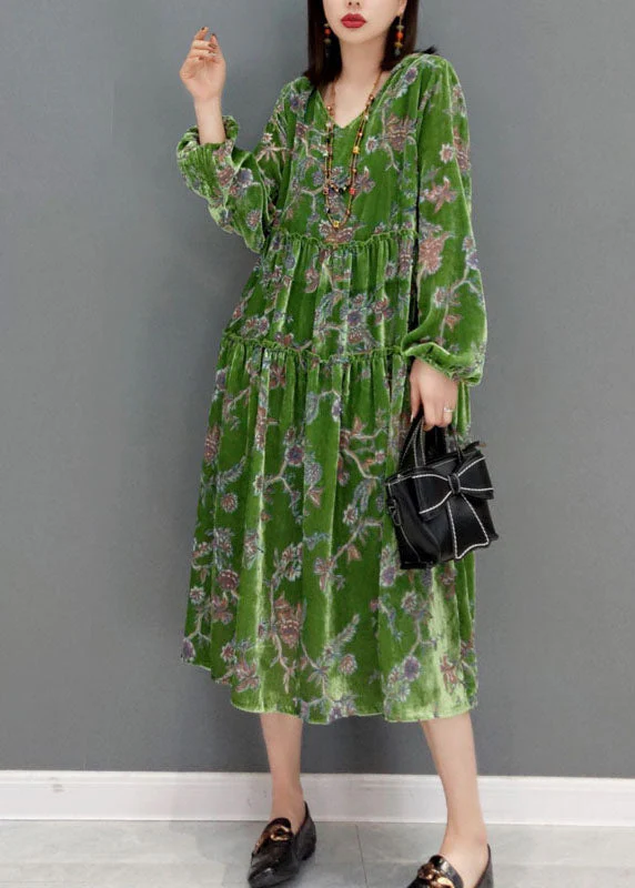 Natural Green V Neck Hooded Velour Dress Spring - Image 2