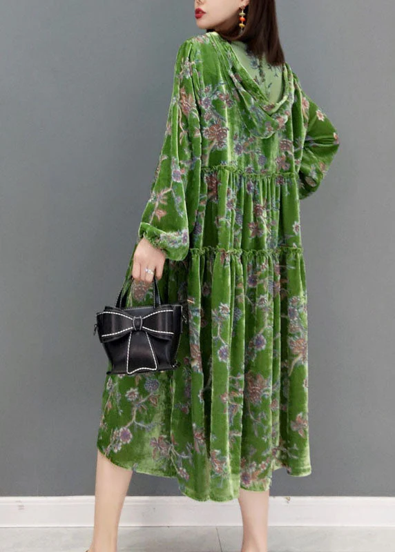 Natural Green V Neck Hooded Velour Dress Spring - Image 3