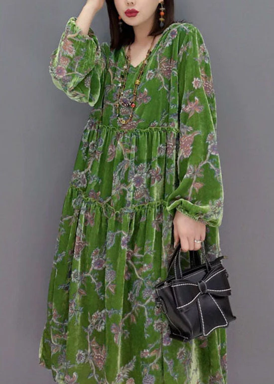 Natural Green V Neck Hooded Velour Dress Spring - Image 4