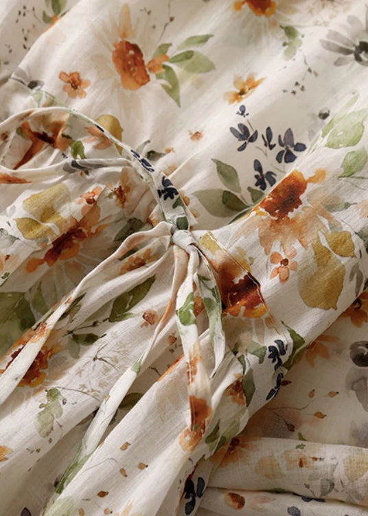 Natural Green V Neck Print Drawstring Cotton Long Dresses Summer - Image 3