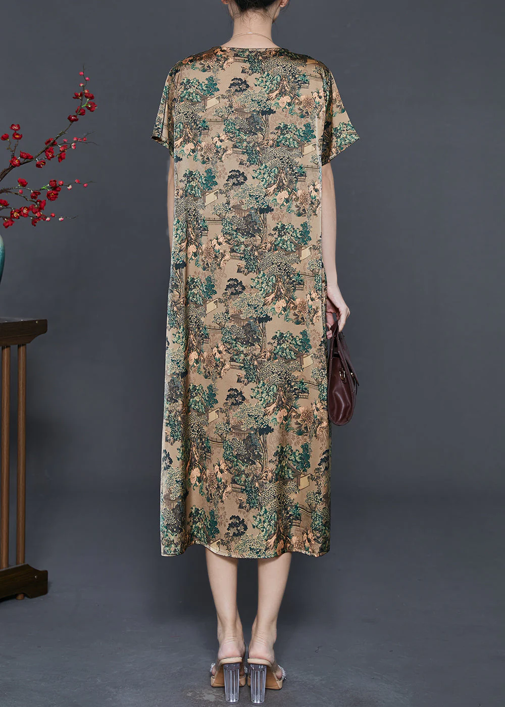 Natural Green V Neck Print Silk Vacation Dresses Summer - Image 4