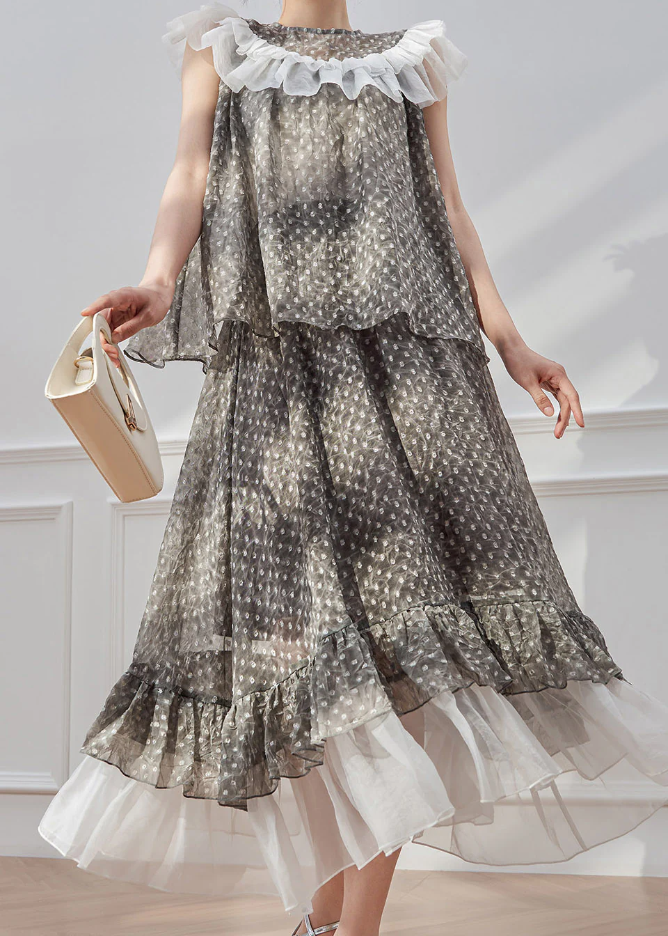 Natural Grey Dot Patchwork Shirt And Maxi Skirts Two Piece Set Summer - Image 2