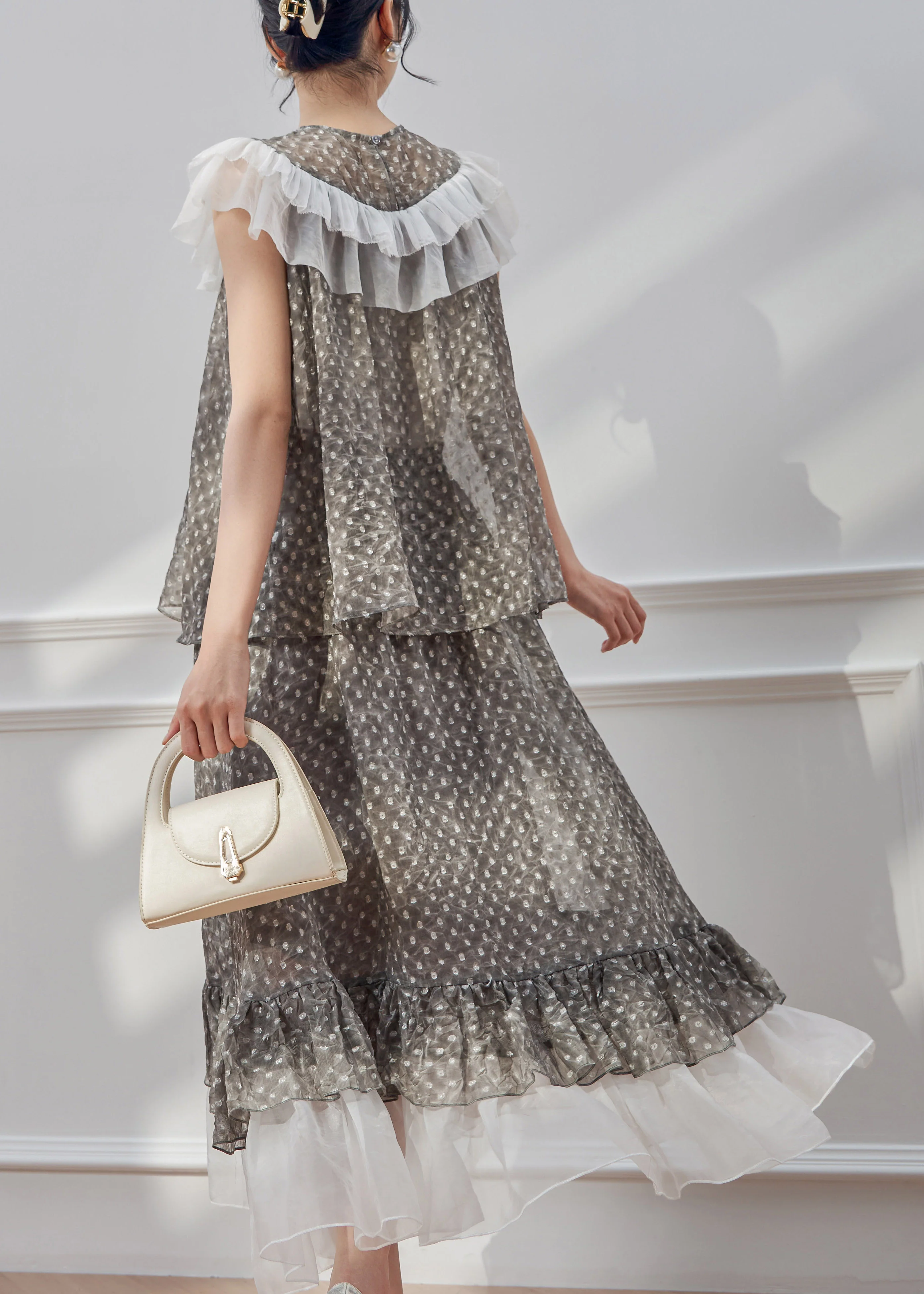 Natural Grey Dot Patchwork Shirt And Maxi Skirts Two Piece Set Summer - Image 4