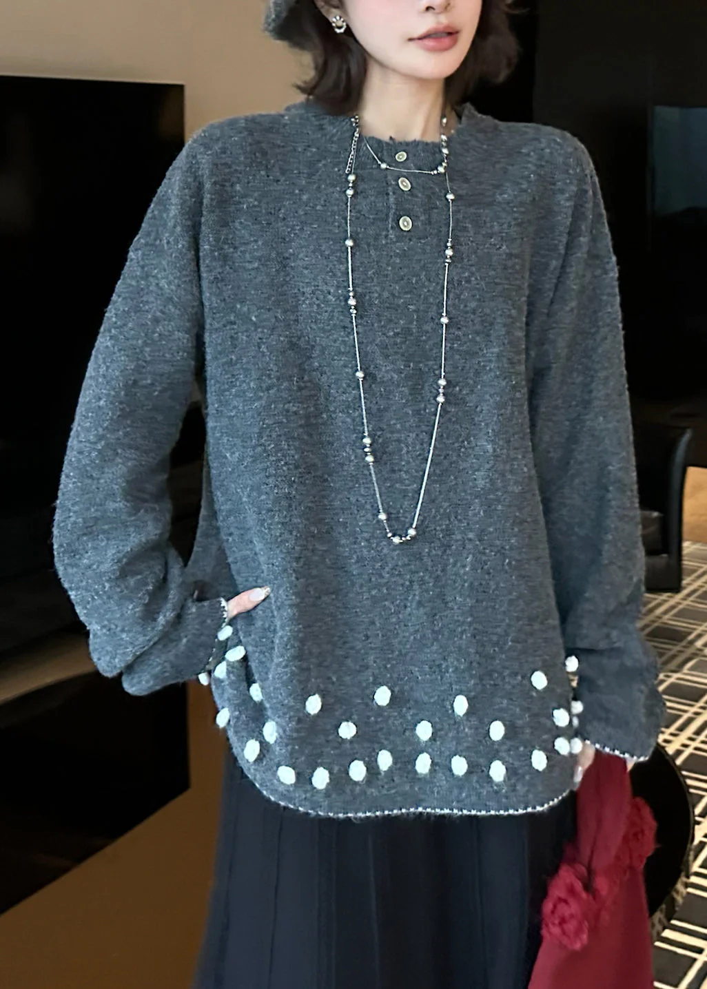 Natural Grey O-Neck Cozy Cotton Knit Sweater Tops Fall - Image 3