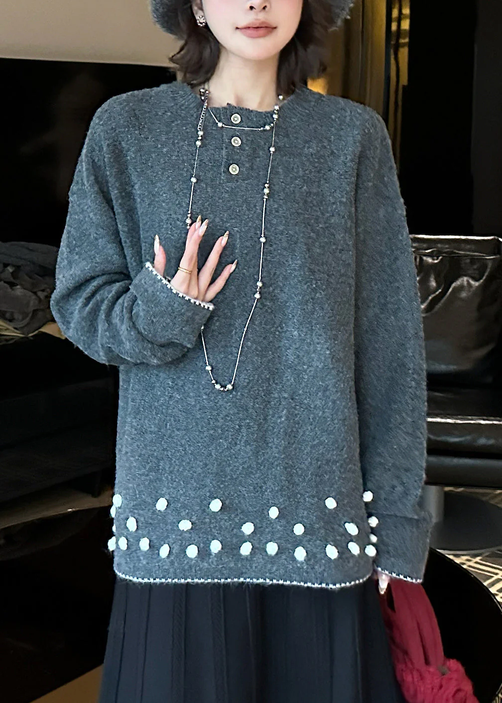 Natural Grey O-Neck Cozy Cotton Knit Sweater Tops Fall - Image 4
