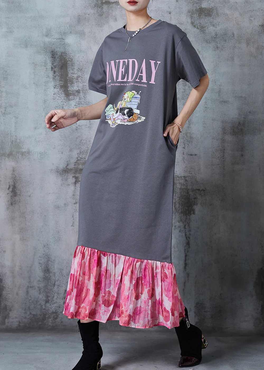 Natural Grey Oversized Patchwork Cotton Sweatshirts Dress Summer - Image 2