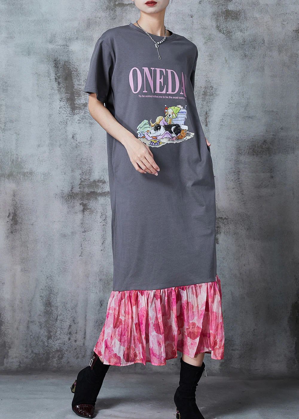Natural Grey Oversized Patchwork Cotton Sweatshirts Dress Summer - Image 3