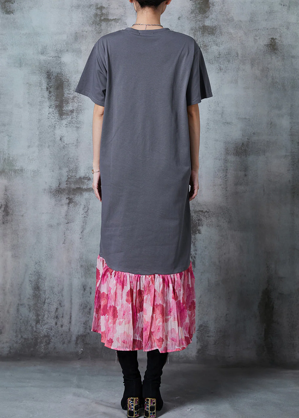 Natural Grey Oversized Patchwork Cotton Sweatshirts Dress Summer - Image 4