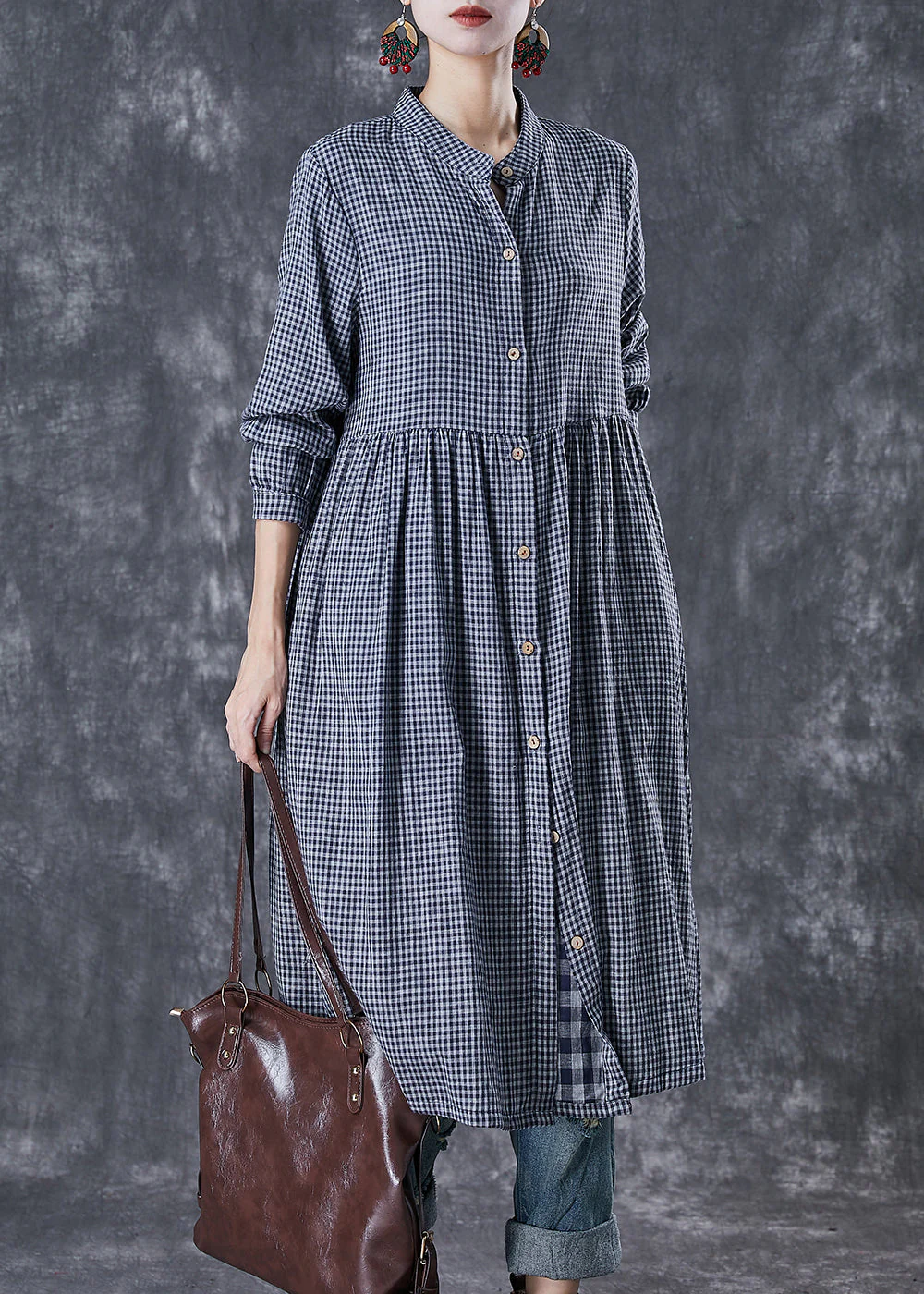 Natural Grey Oversized Plaid Cotton Shirt Dresses Fall - Image 2