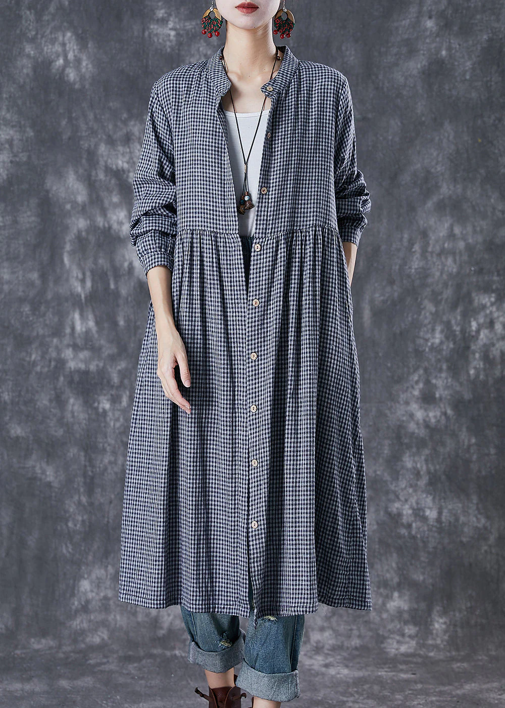 Natural Grey Oversized Plaid Cotton Shirt Dresses Fall - Image 3