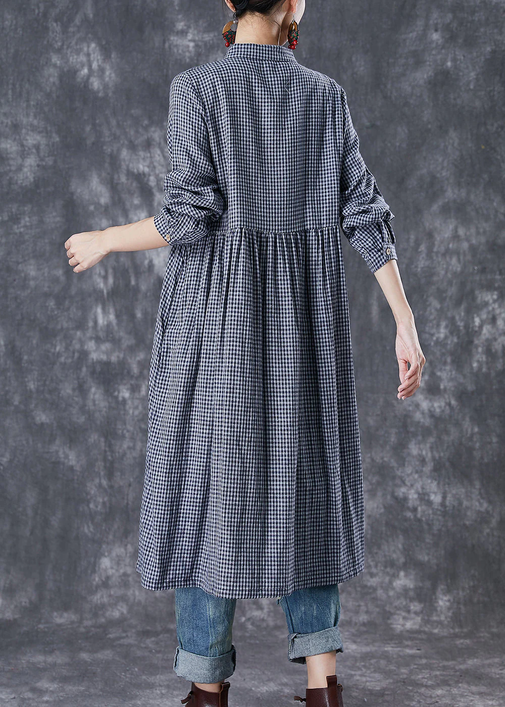 Natural Grey Oversized Plaid Cotton Shirt Dresses Fall - Image 4