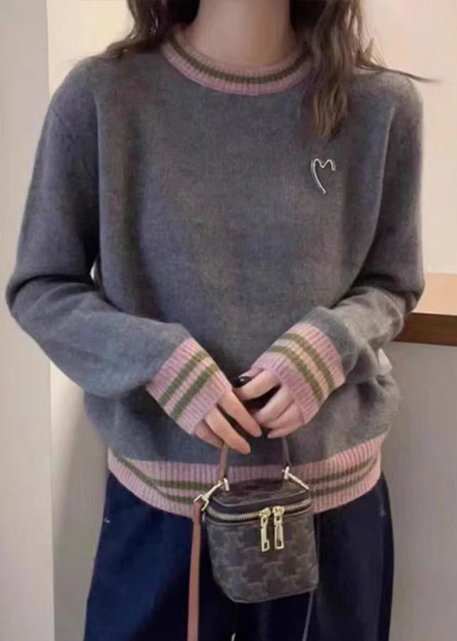 Natural Grey Patchwork Graphic Brooch Cotton Knit Sweater Spring - Image 3