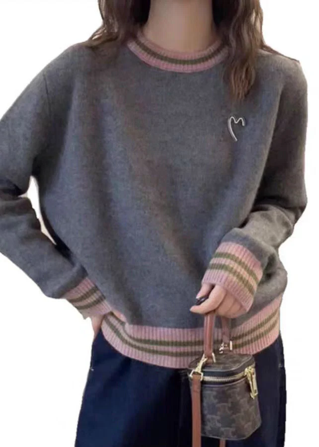 Natural Grey Patchwork Graphic Brooch Cotton Knit Sweater Spring - Image 5