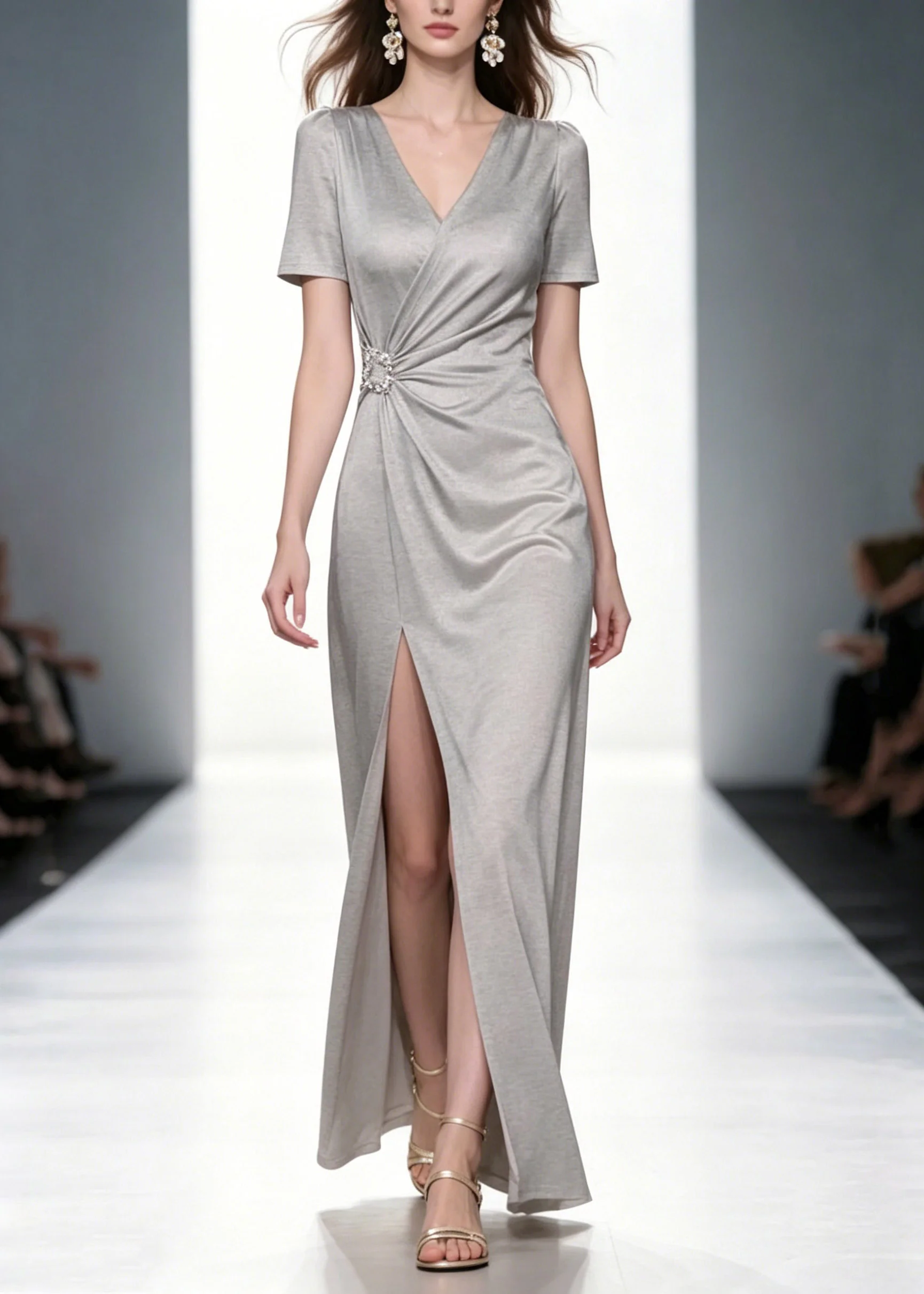 Natural Grey V Neck Wrinkled Solid Long Dresses Summer - Image 3