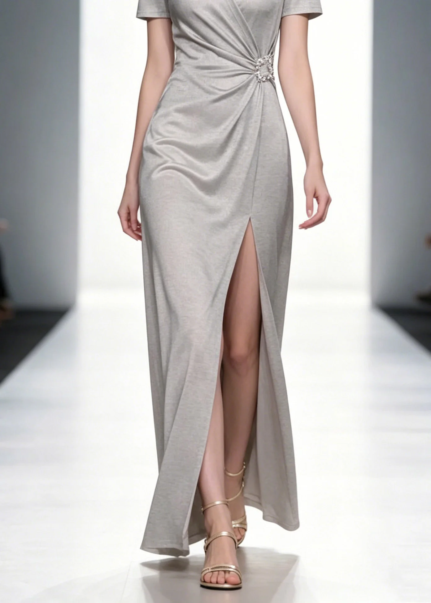 Natural Grey V Neck Wrinkled Solid Long Dresses Summer - Image 4