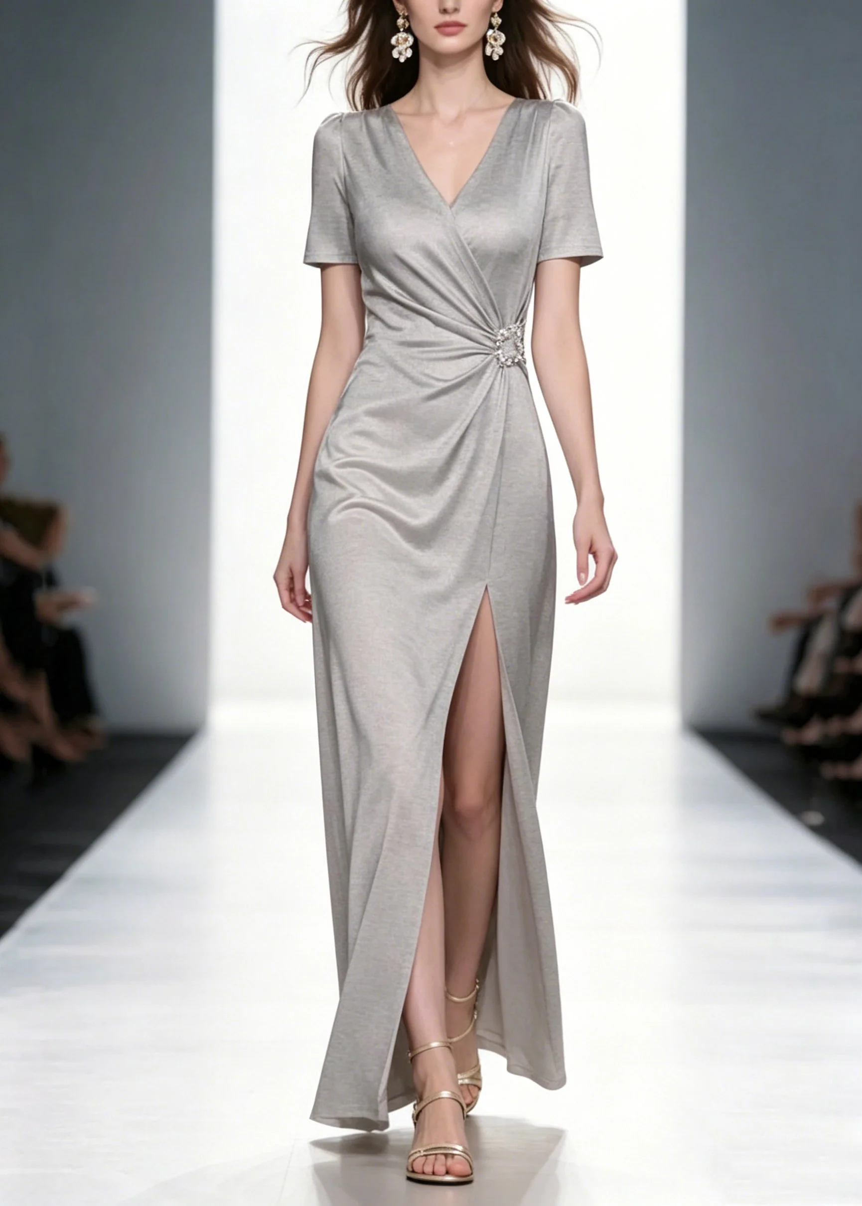 Natural Grey V Neck Wrinkled Solid Long Dresses Summer - Image 5