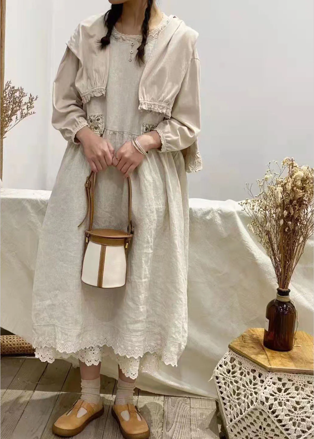 Natural Khaki Backless Patchwork Cotton Dress Spring - Image 2