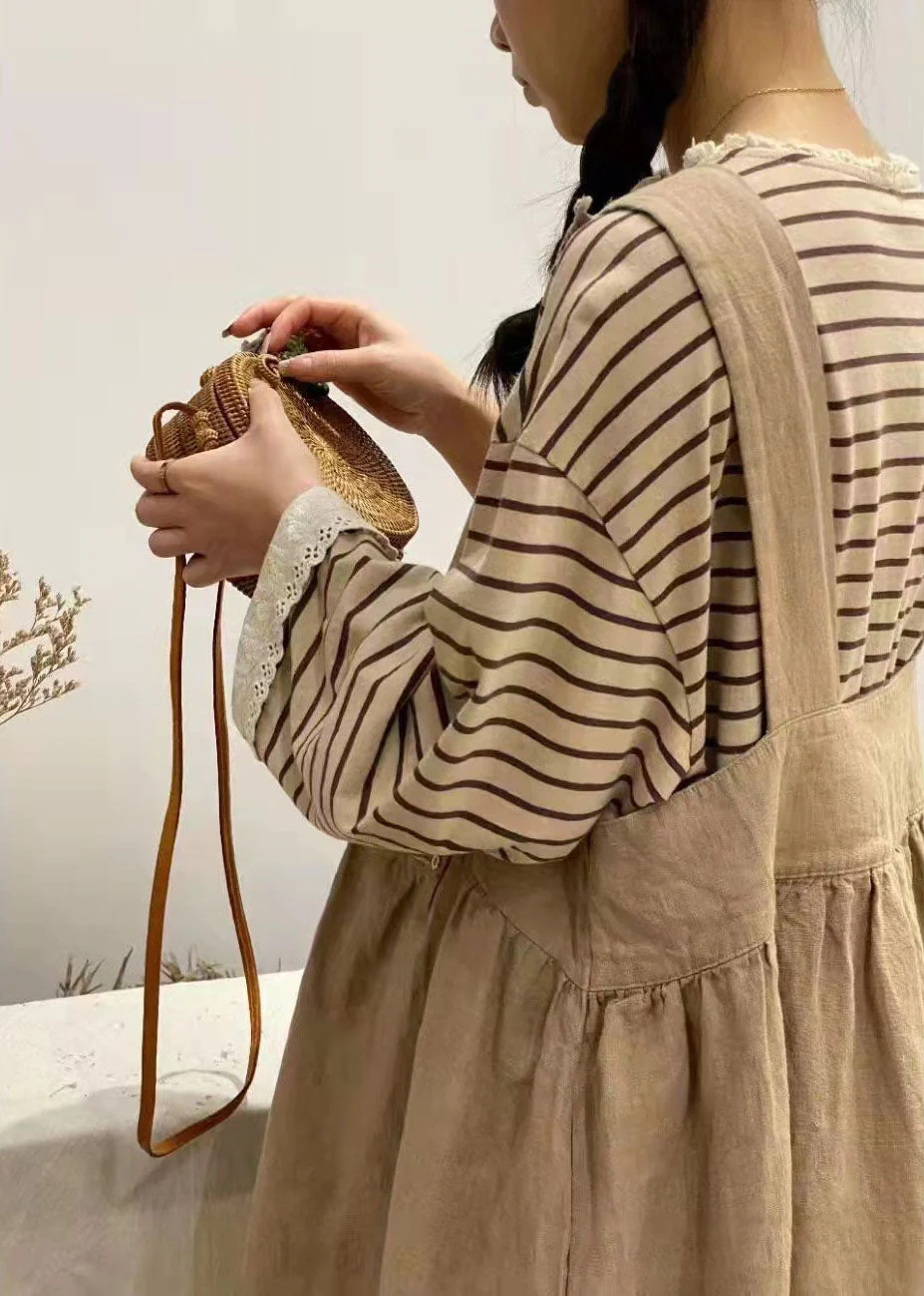 Natural Khaki Backless Patchwork Cotton Dress Spring - Image 3