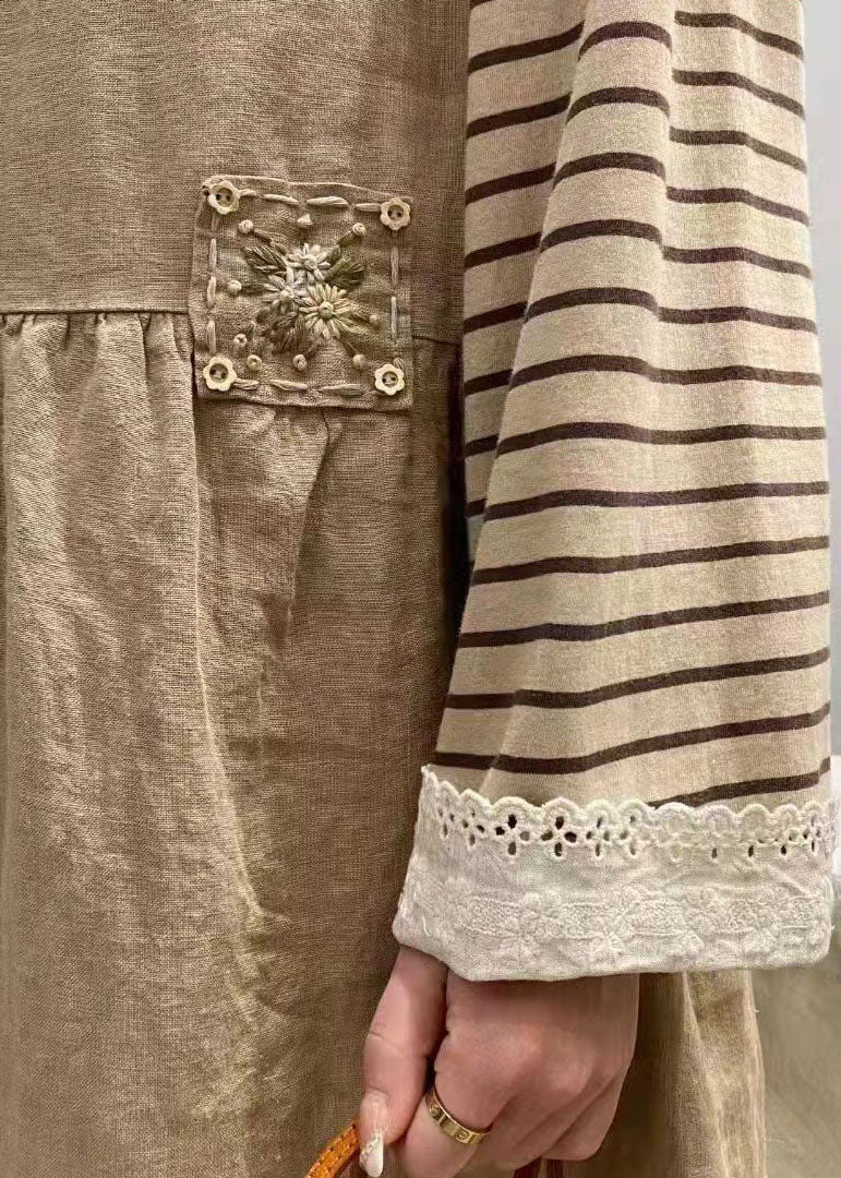 Natural Khaki Backless Patchwork Cotton Dress Spring - Image 4