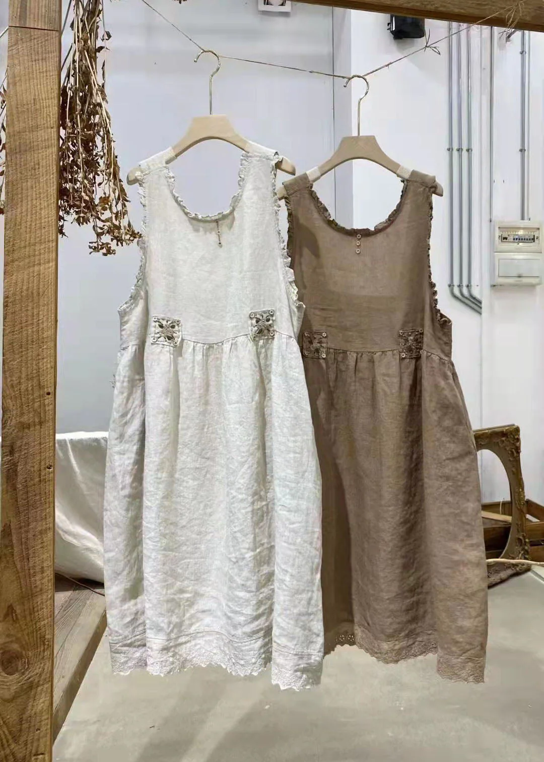 Natural Khaki Backless Patchwork Cotton Dress Spring - Image 5