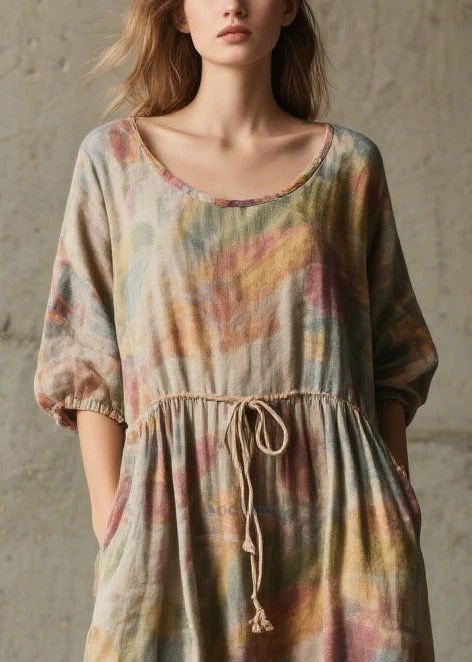 Natural Khaki Cinched Print Cotton Robe Dresses Half Sleeve - Image 2