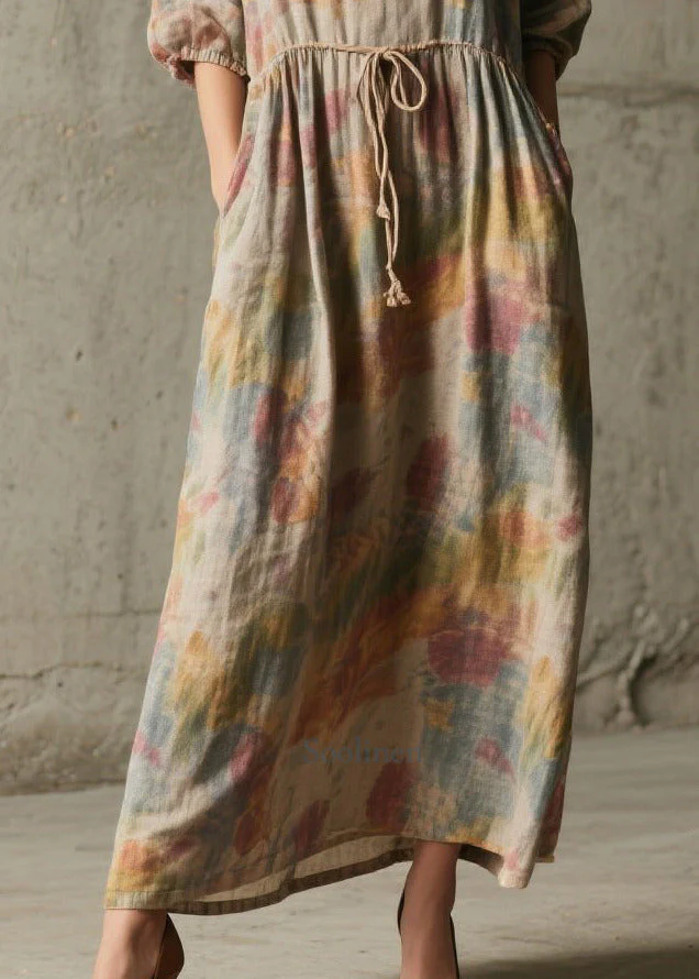 Natural Khaki Cinched Print Cotton Robe Dresses Half Sleeve - Image 4