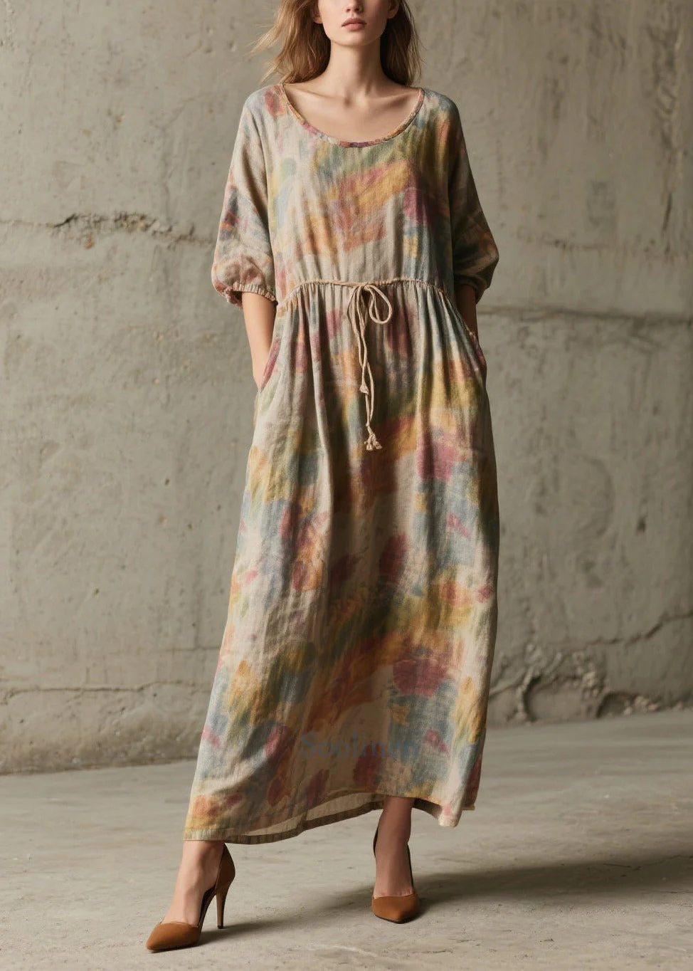 Natural Khaki Cinched Print Cotton Robe Dresses Half Sleeve - Image 5