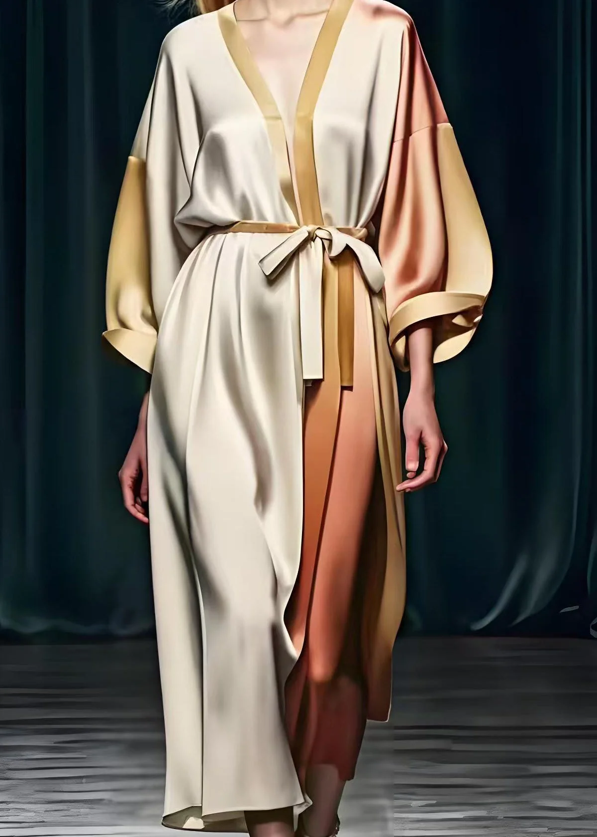 Natural Khaki Cinched Tie Dye Silk Long Dress Spring - Image 4