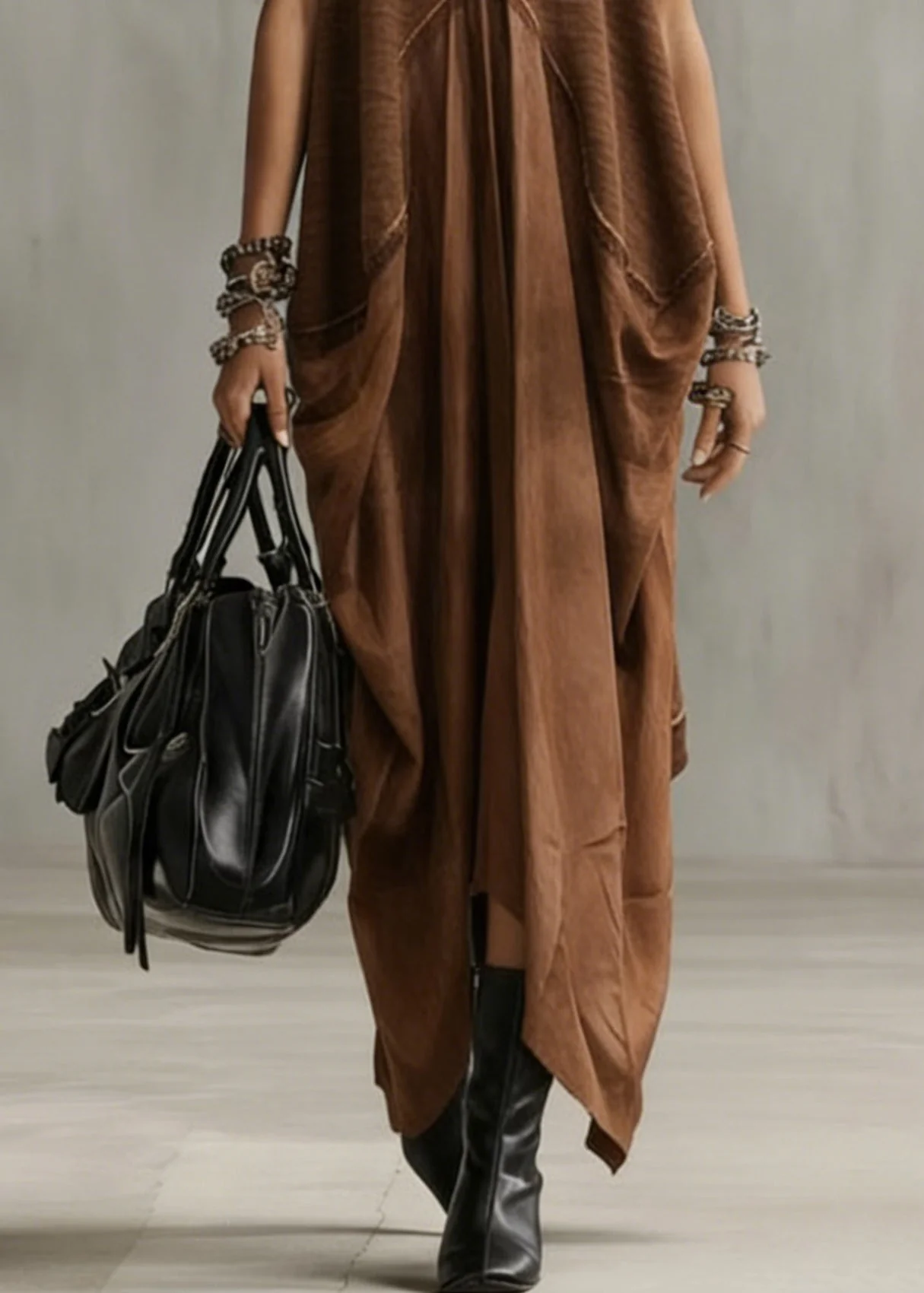 Natural Khaki O-Neck Patchwork Solid Long Dress Summer - Image 4