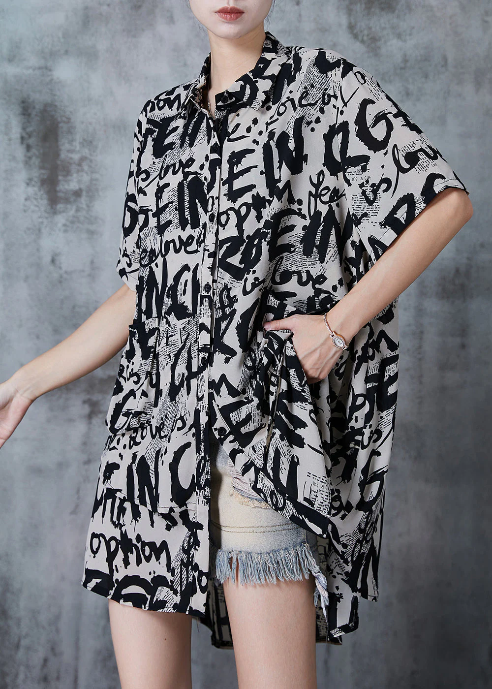 Natural Khaki Oversized Letter Print Chiffon Day Dress Summer - Image 2