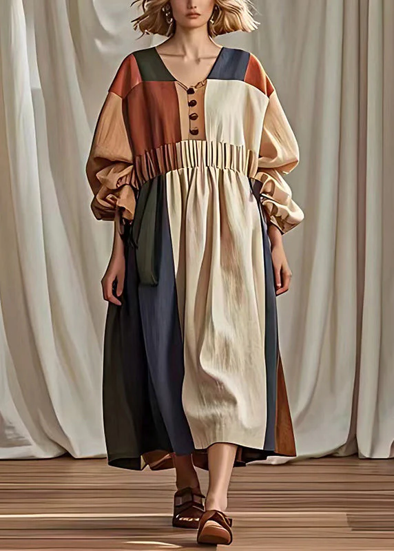 Natural Khaki Oversized Patchwork Linen Ankle Dress Fall - Image 2