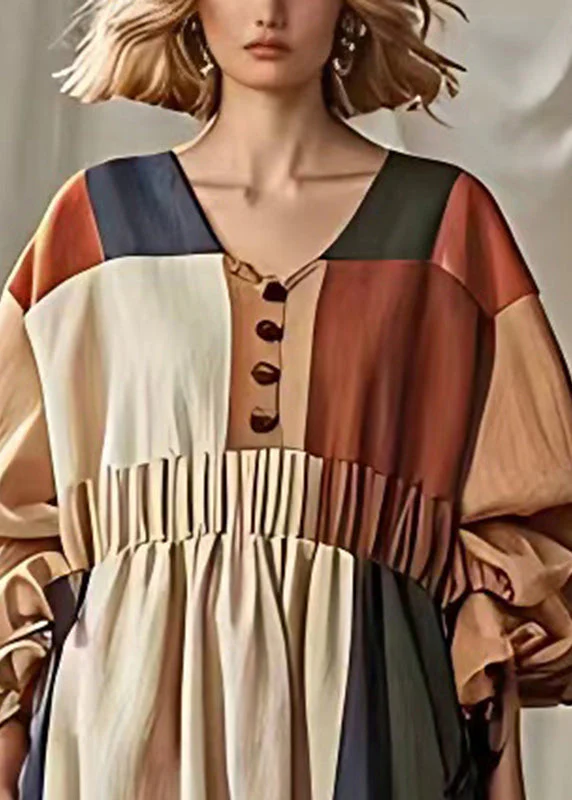 Natural Khaki Oversized Patchwork Linen Ankle Dress Fall - Image 3