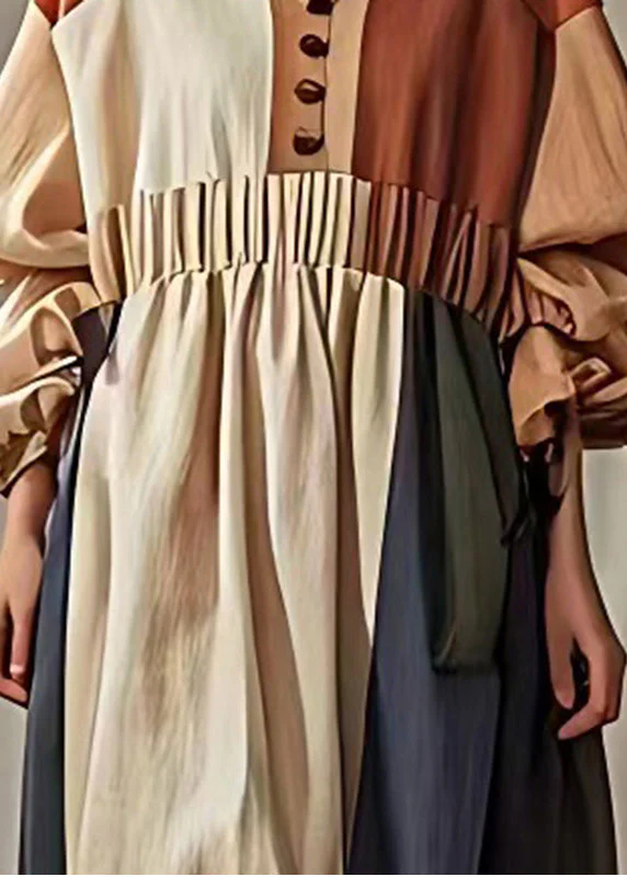 Natural Khaki Oversized Patchwork Linen Ankle Dress Fall - Image 4