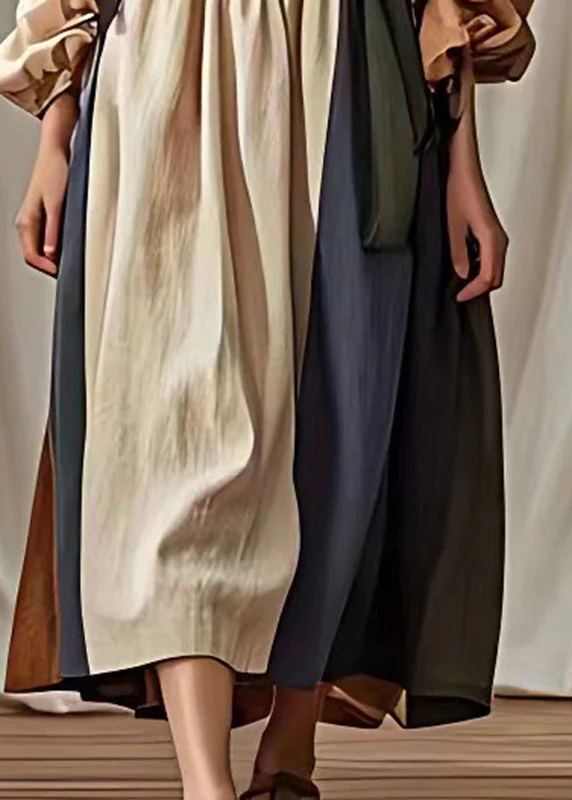 Natural Khaki Oversized Patchwork Linen Ankle Dress Fall - Image 5