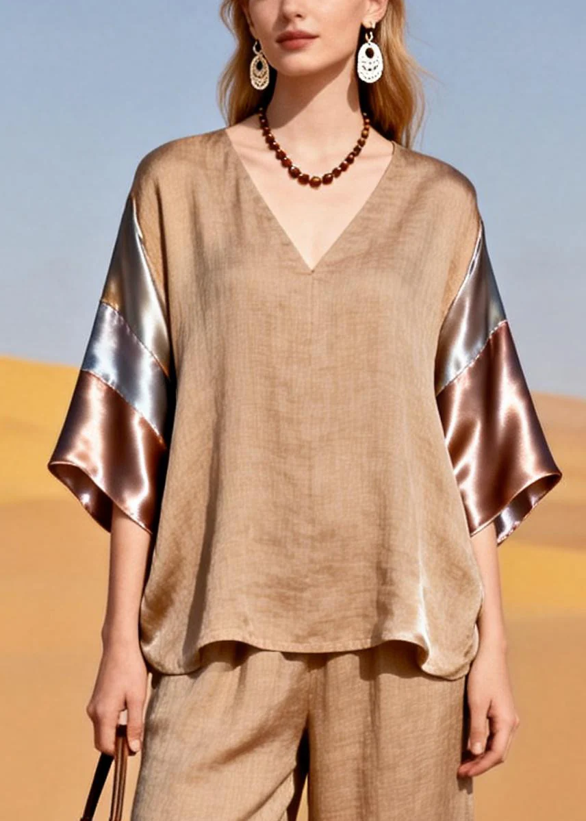 Natural Khaki Oversized Patchwork Silk Linen Two Piece Set Outfits Summer - Image 2