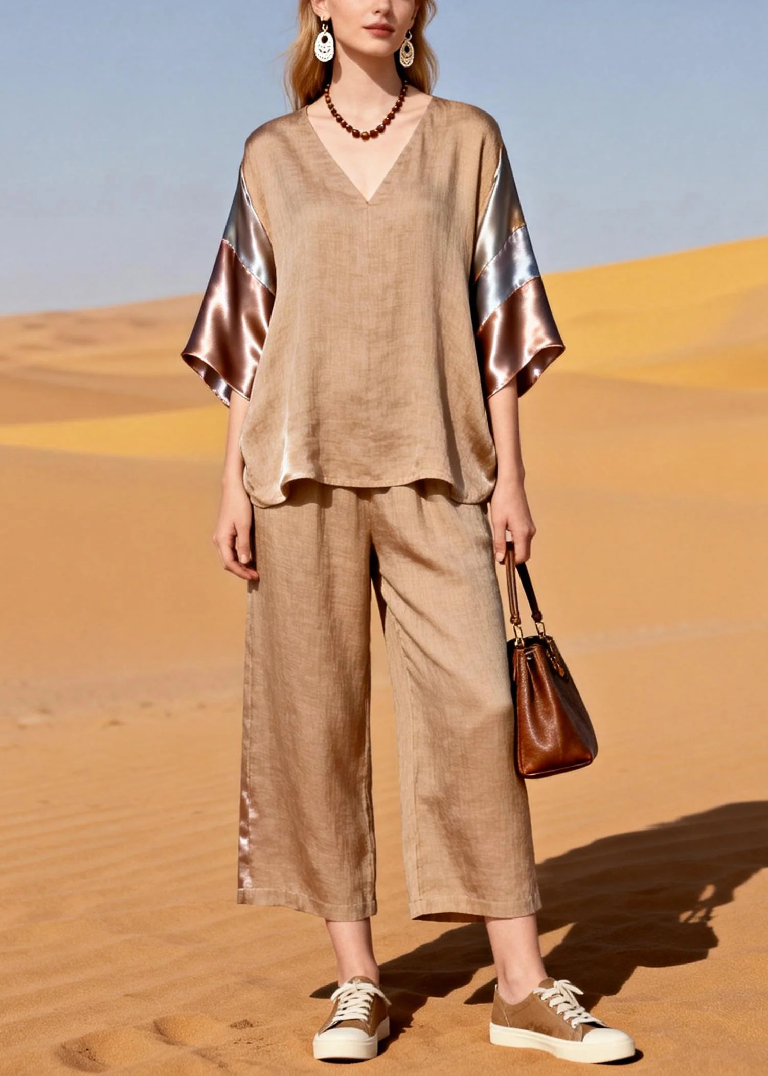 Natural Khaki Oversized Patchwork Silk Linen Two Piece Set Outfits Summer - Image 3