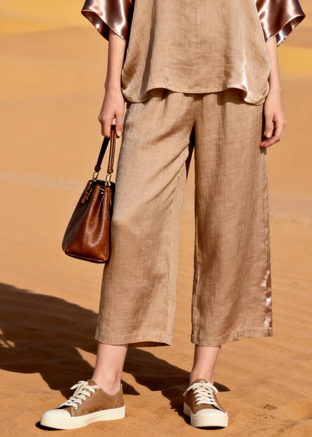 Natural Khaki Oversized Patchwork Silk Linen Two Piece Set Outfits Summer - Image 4