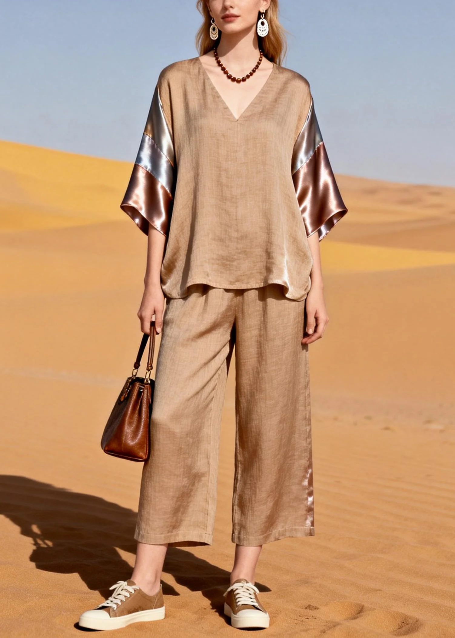 Natural Khaki Oversized Patchwork Silk Linen Two Piece Set Outfits Summer - Image 5
