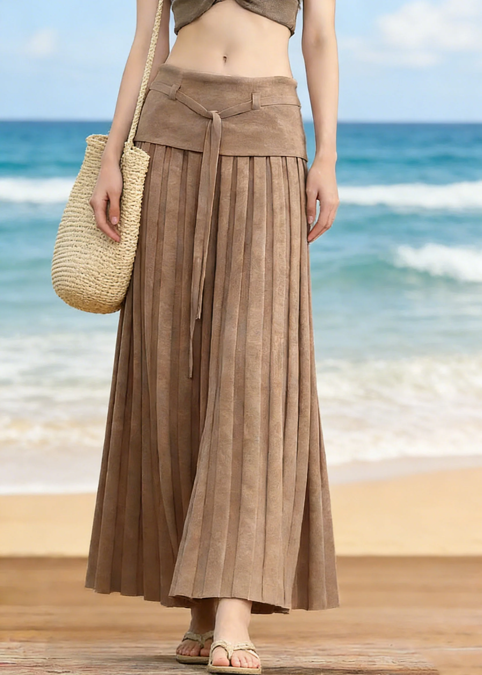 Natural Khaki Patchwork Tie Waist Knit A Line Skirt Spring - Image 5