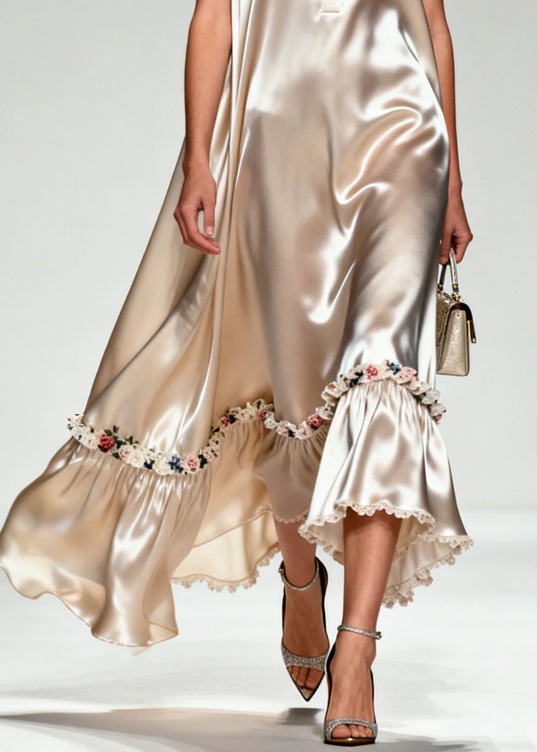 Natural Khaki Peter Pan Collar Patchwork Flower Silk Maxi Dress Sleeveless - Image 4