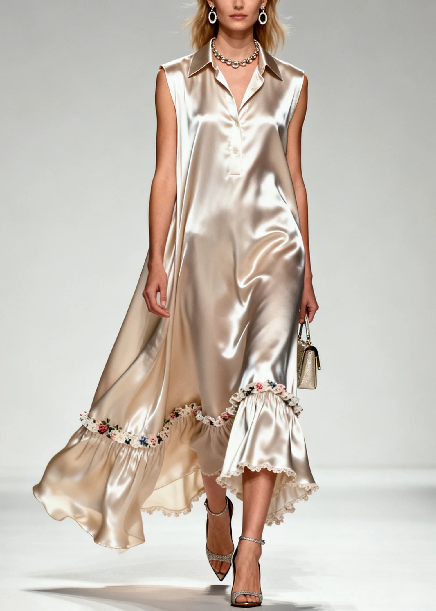 Natural Khaki Peter Pan Collar Patchwork Flower Silk Maxi Dress Sleeveless - Image 5