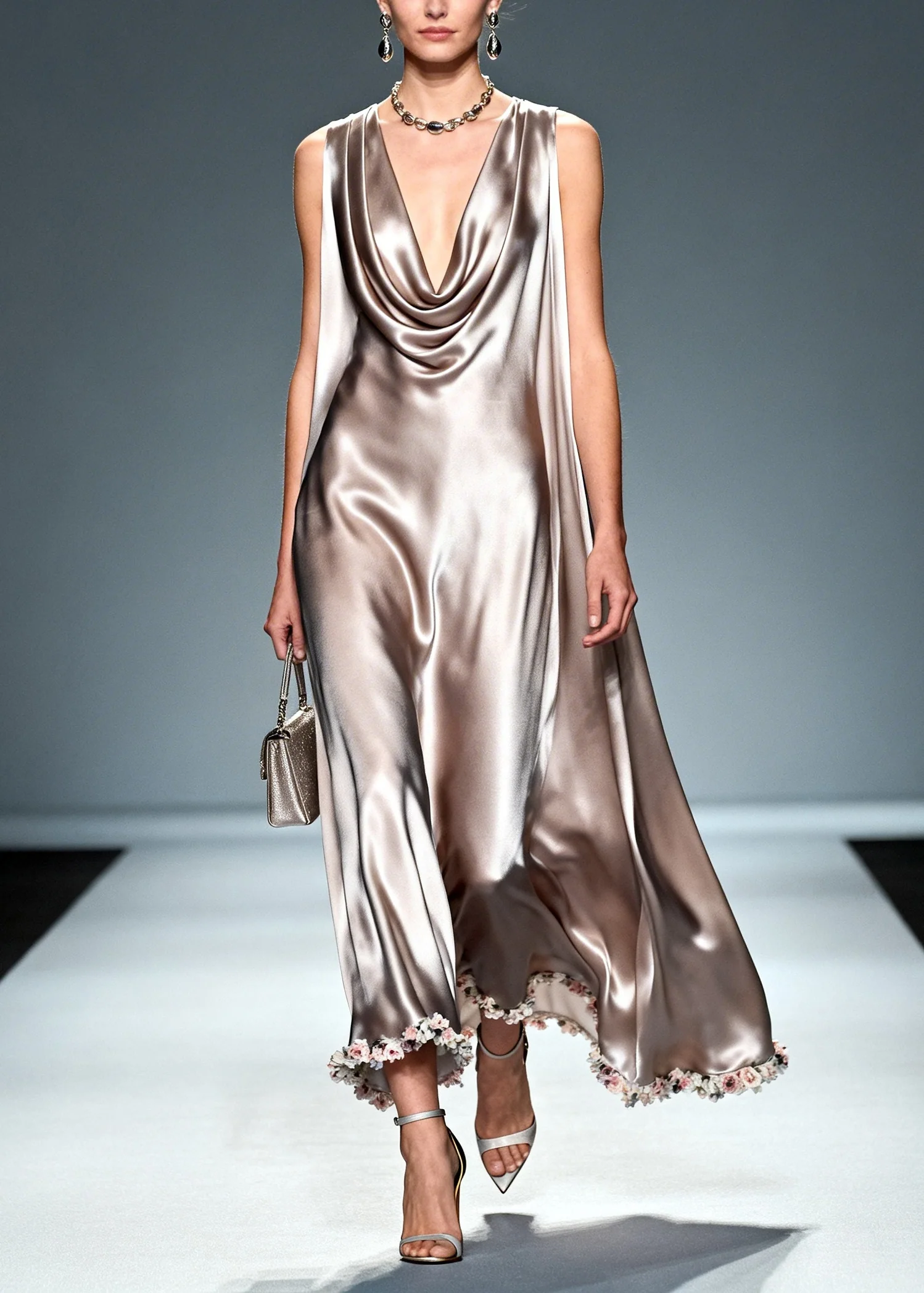 Natural Khaki Turtle Neck Floral Silk Dresses Sleeveless - Image 3
