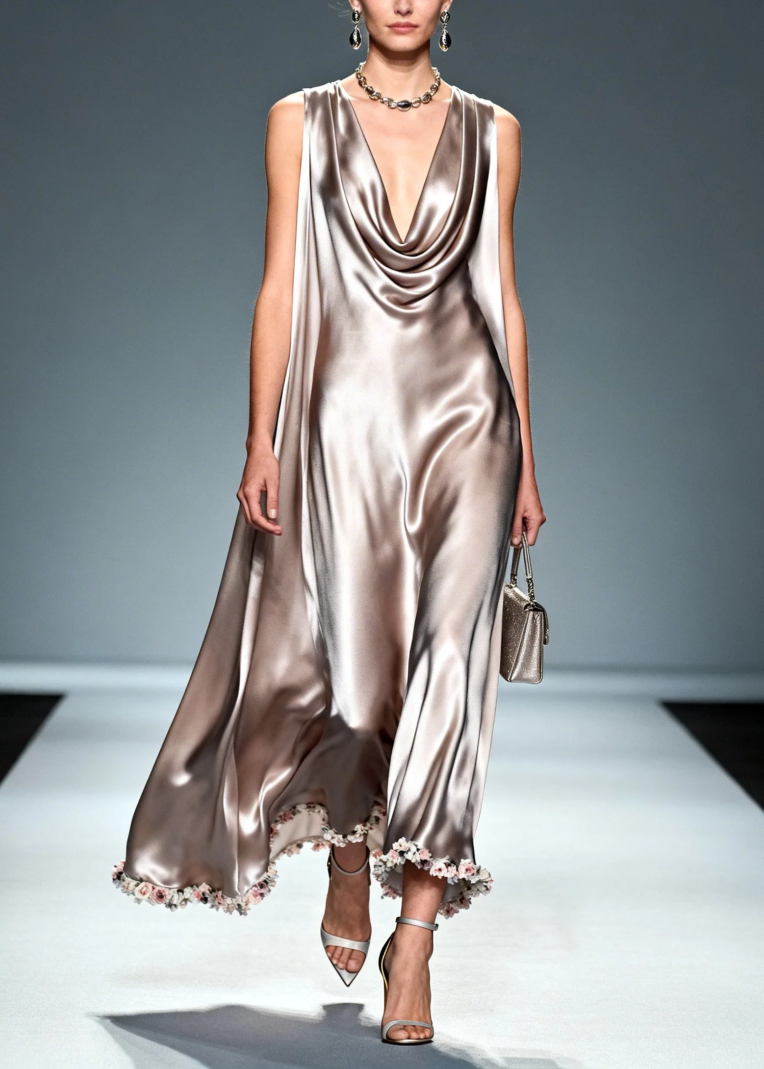 Natural Khaki Turtle Neck Floral Silk Dresses Sleeveless - Image 5