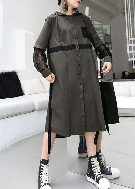 Natural lapel collar patchwork tulle cotton tunic dress Work gray green Traveling lapel Dress - Image 2