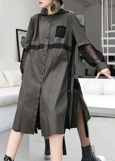Natural lapel collar patchwork tulle cotton tunic dress Work gray green Traveling lapel Dress - Image 3