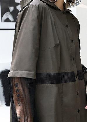 Natural lapel collar patchwork tulle cotton tunic dress Work gray green Traveling lapel Dress - Image 5