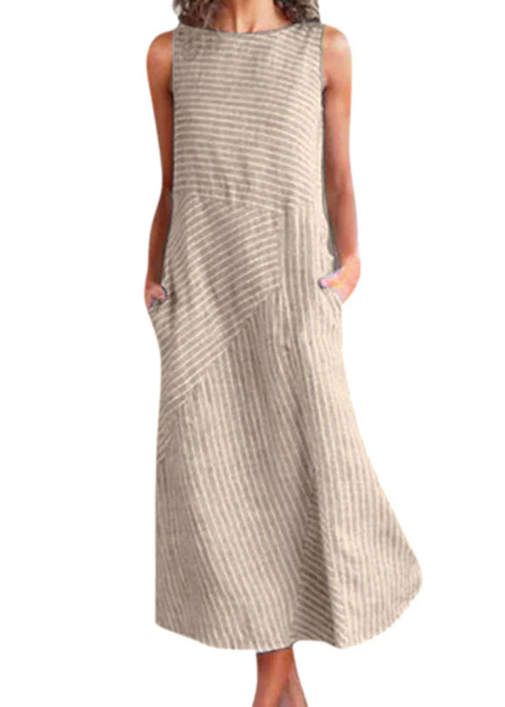 Natural Light Blue O Neck Striped Cotton Long Dresses Sleeveless - Image 3