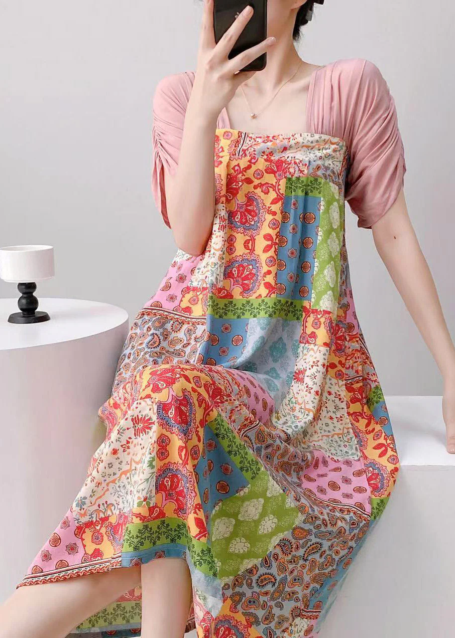 Natural Light Blue Print Patchwork Maxi Dresses Pajama Summer - Image 3