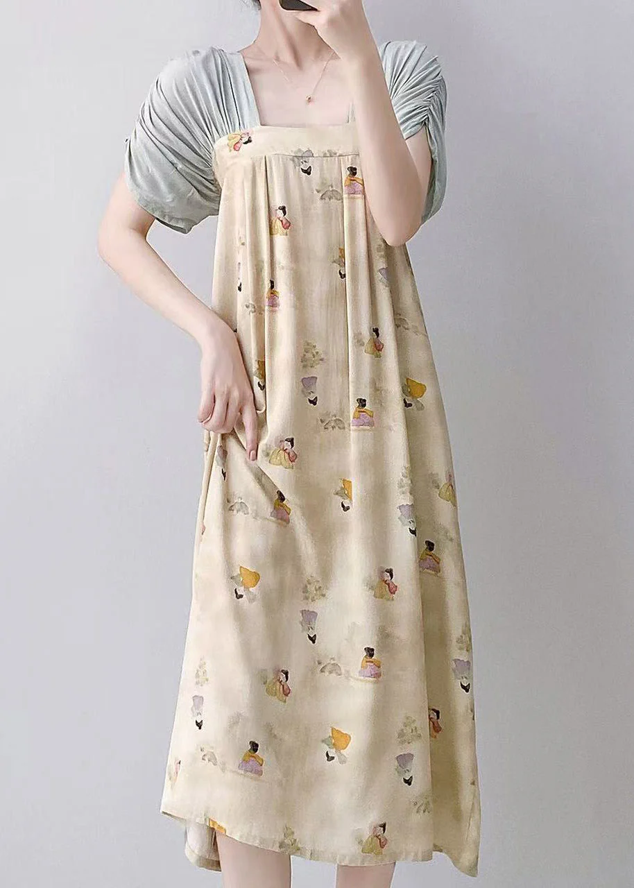 Natural Light Blue Print Patchwork Maxi Dresses Pajama Summer - Image 4