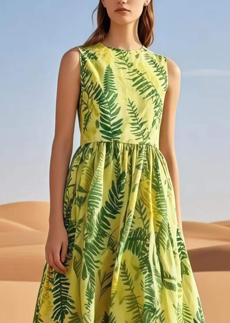 Natural Light Green Leaf Print Cotton Holiday Dress Sleeveless - Image 2